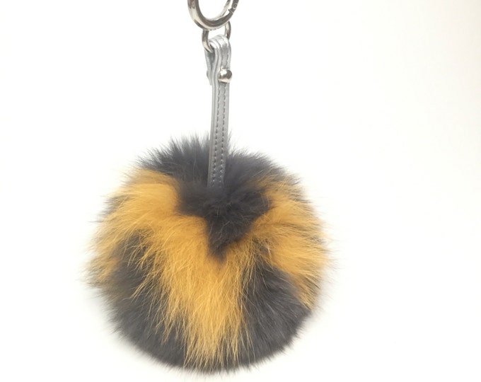 Ready to ship, Monogram Letter "M" made fox fur letter bag charm pom pom keyring keychain fur bag accessory Dark Grey Yellow