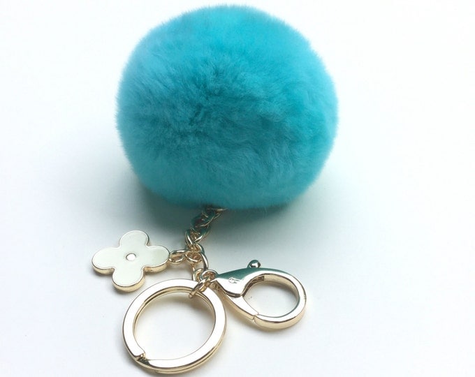 Aqua fur pom pom keychain REX Rabbit fur pom pom ball with flower bag charm