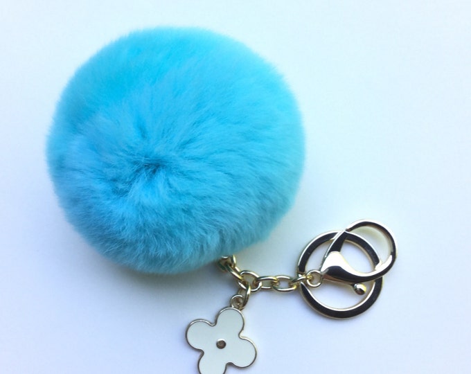 Aqua fur pom pom keychain REX Rabbit fur pom pom ball with flower bag charm