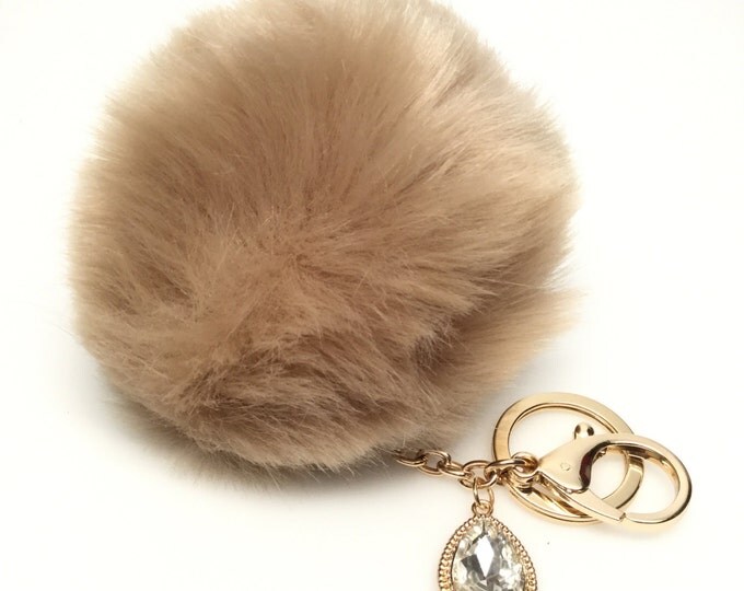 NEW! Faux Rabbit Fur Pom Pom bag Keyring keychain artificial fur puff ball in Tan Crystals Collection