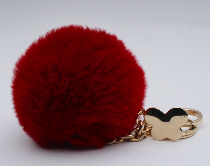 Butterfly Collection Deep Red fur pom pom keychain REX Rabbit fur pom pom ball with butterfly charm