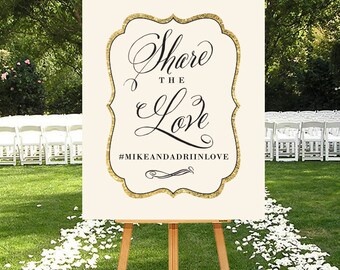 Wedding Hashtag Sign, Printable Social Media Wedding Sign, Chalkboard Instagram Sign, Printable Social Media Sign, Photo Sign, Cream Gold