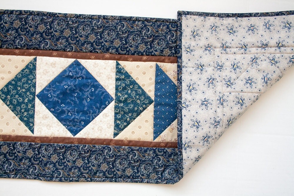 Quilted Table Runner Flying Geese Navy Blue Tan