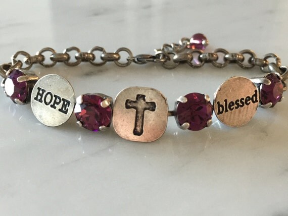 Blessed Bracelet with February Birthstone Amethyst Crystals, in Antique Silver