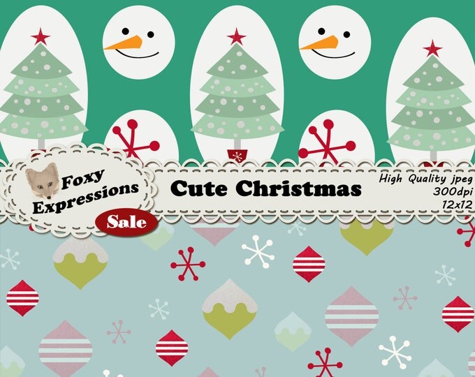 Cute Christmas digital paper pack comes in festive designs including Santa, snowman, tree, ornaments, snowflakes, gifts, wreath & candy cane