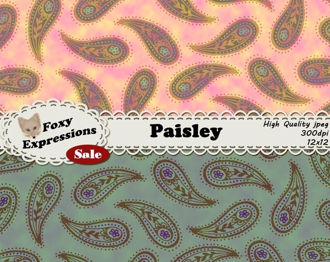 Paisley digital paper pack comes in vintage Persian droplet-shaped designs in shades of pink, purple, yellow, green, blue, orange and brown.