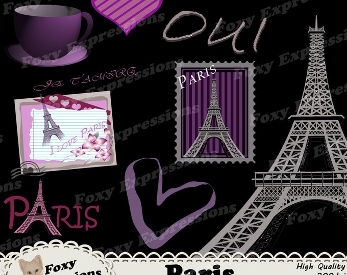 Paris digital clip art comes with a very detailed effel tower, paris stamp, french words, tea cup, hearts and postcard in gray and purple