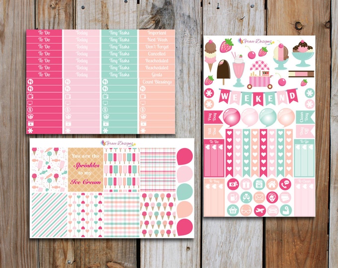 Ice Cream Planner Stickers Kit (7 pages) | for use with ERIN CONDREN Life Planner