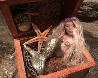 Sleeping mermaid in treasure chest - Ready to ship