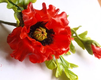 poppy brooch, hair clip, flower barrette, red poppy flower