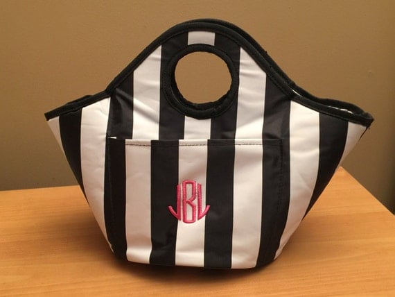 black and white striped lunch cooler