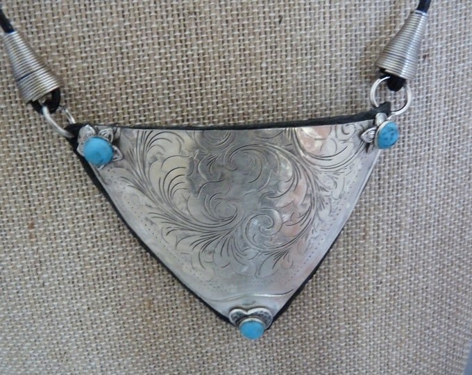Silver & Leather triangle statement necklace