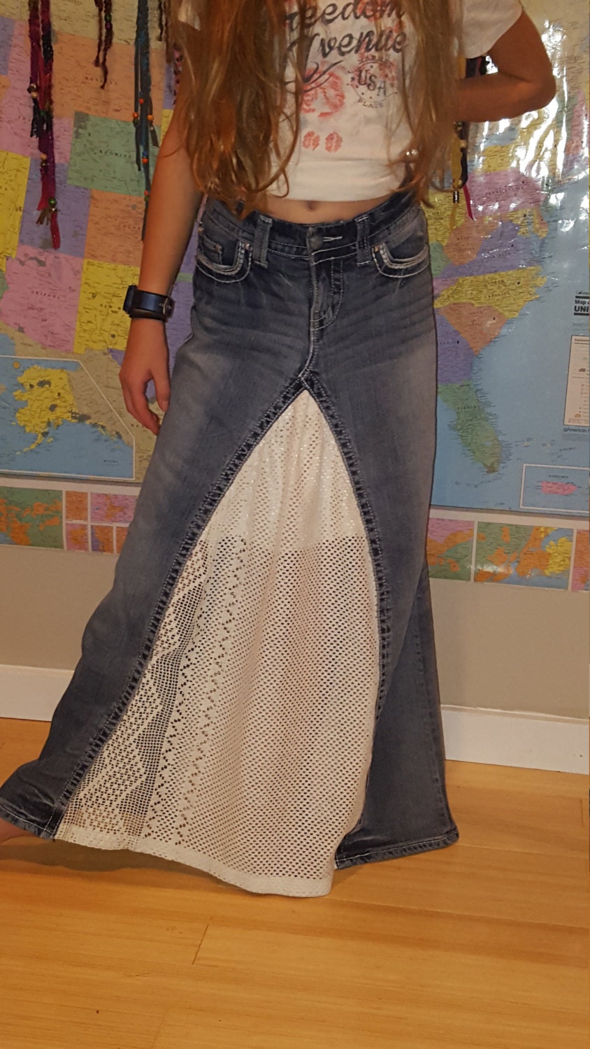 Vintage Lace Denim Maxi Skirt Upcycled from Jeans One of a