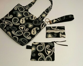 Tote Bag• Mini Tote Gift Set! Purse-sized Tote, Coin Purse/Card Wallet, Travel Tissue Pocket, Key Fob! Spooky Paisley. *R2S!*