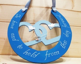 Blue horseshoe | wedding gift | bridal favour | gift for couple | good luck | traditional | wooden | handmade | keepsake.