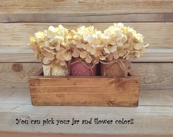 Mason Jar Planter, Planter Box With Painted Mason Jars, Rustic Table Centerpiece,Planter Box,Country Home Decor, Farmhouse Decor, Mason Jars