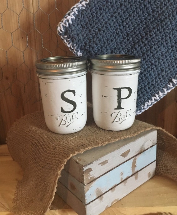 Distressed mason jar salt and pepper shakers bright white
