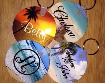 Beach monogram keychain personalized beach key chain ocean beach sunset palm trees