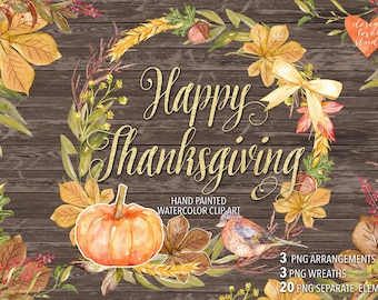 Watercolor Happy Thanksgiving clip arts Autumn Leaves 