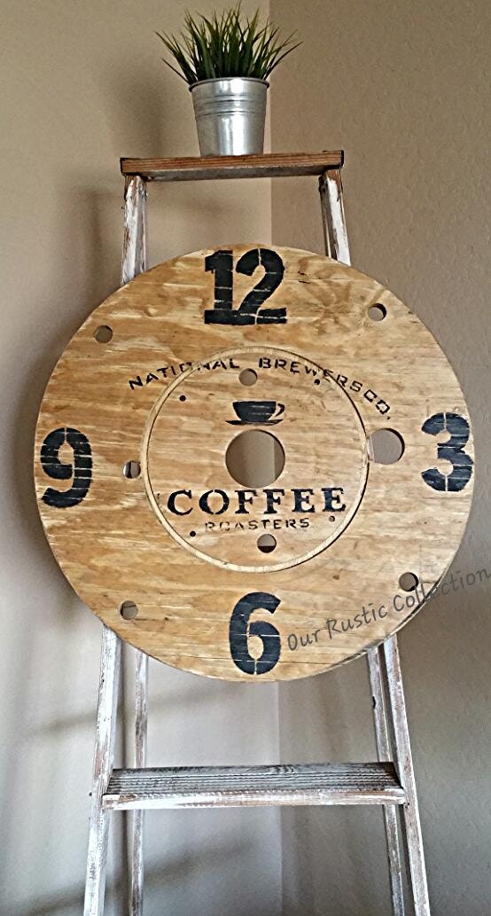 Rustic Old Wire Wooden Spool Faux Clock Home Decor Wall