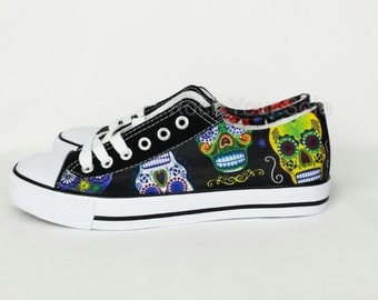 Sugar Skull Shoes, Custom Converse style pumps, fabric covered plimsolls, trainers. goth punk alternative custom rockabilly shoes