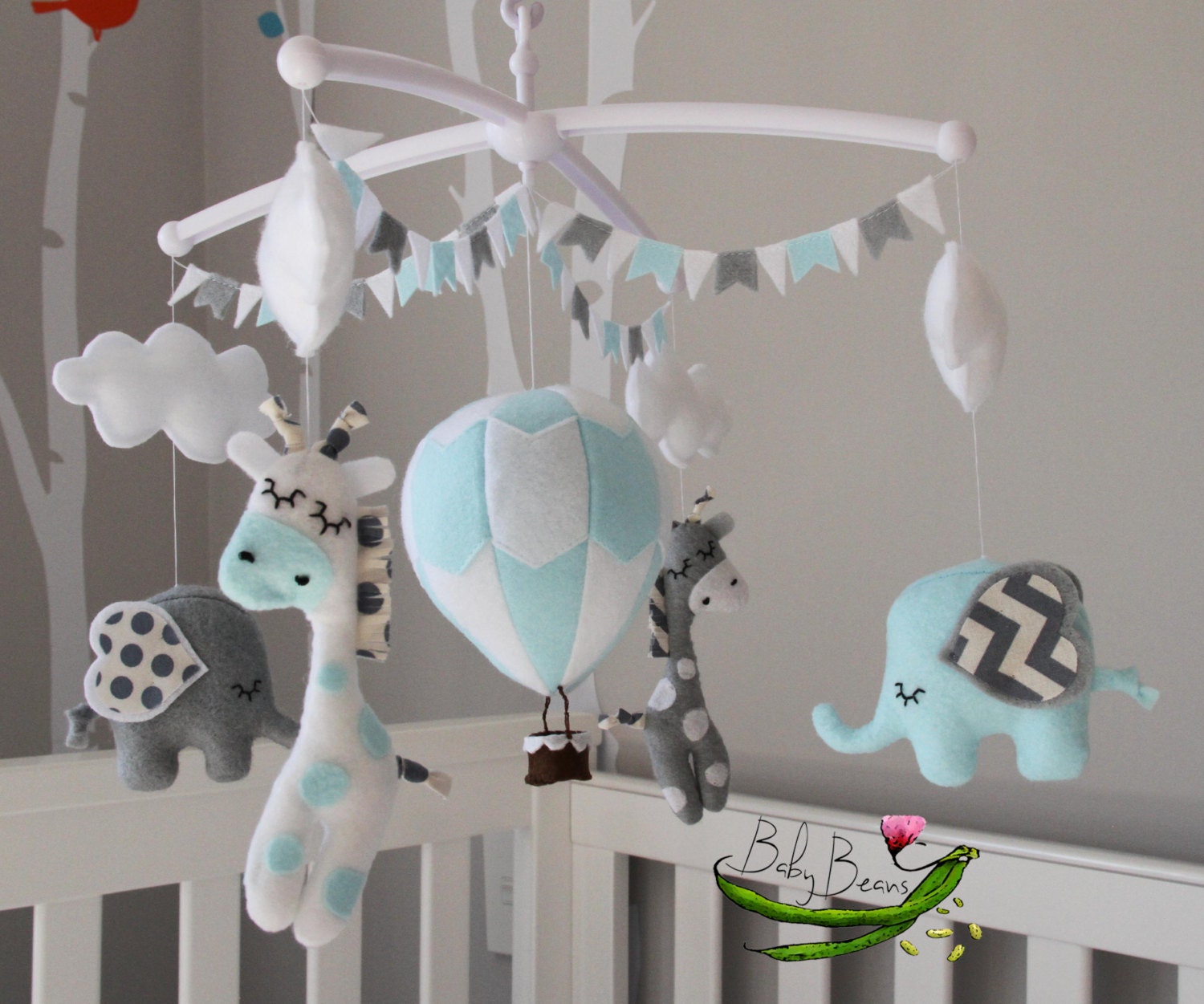 With MUSICAL CRIB ATTACHMENT. Baby blue grey & white hot air