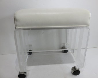 Vintage lucite vanity stool | Etsy - Mid-Century Modern Lucite Vanity Stool With Chrome Wheels And White Leather  Seat.