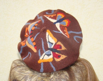 Womens wool hats Felt hats for women Dry felted beret Brown embroidered cap French beret Beret pattern Wool beret Felt beret Felting hat
