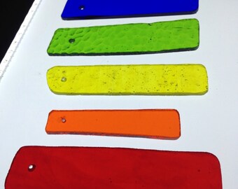 Chakra Glass Wind Chimes. Windchime pre-drilled cut and ground stained glass Rainbow Red orange yellow green blue indigo violet