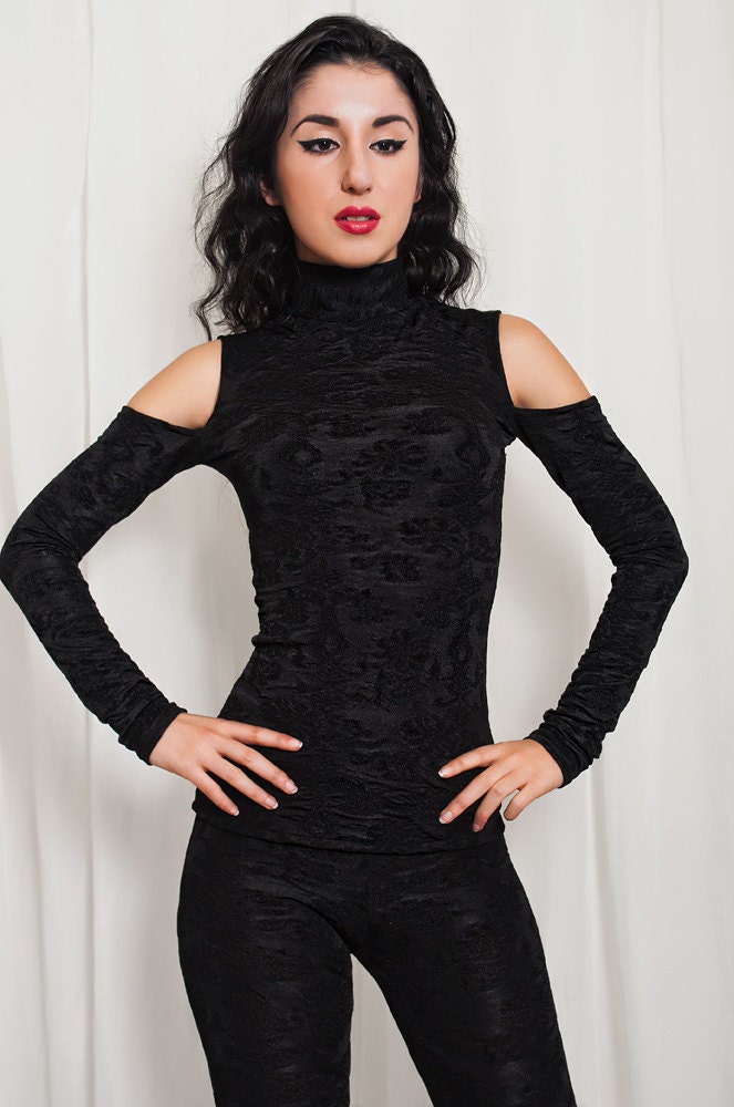 Black Shoulderless Turtleneck Top Floral Texture Sheer