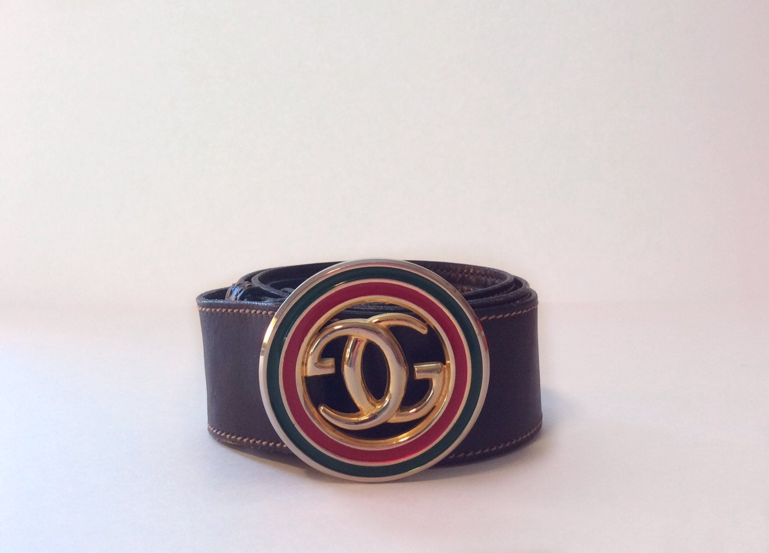 Vintage Gucci belt // brown leather GG logo // rare red green