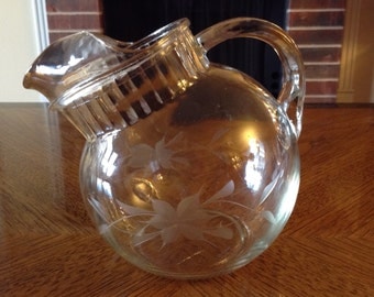Vintage Etched Glass Juice Ball Pitcher Tilted Style