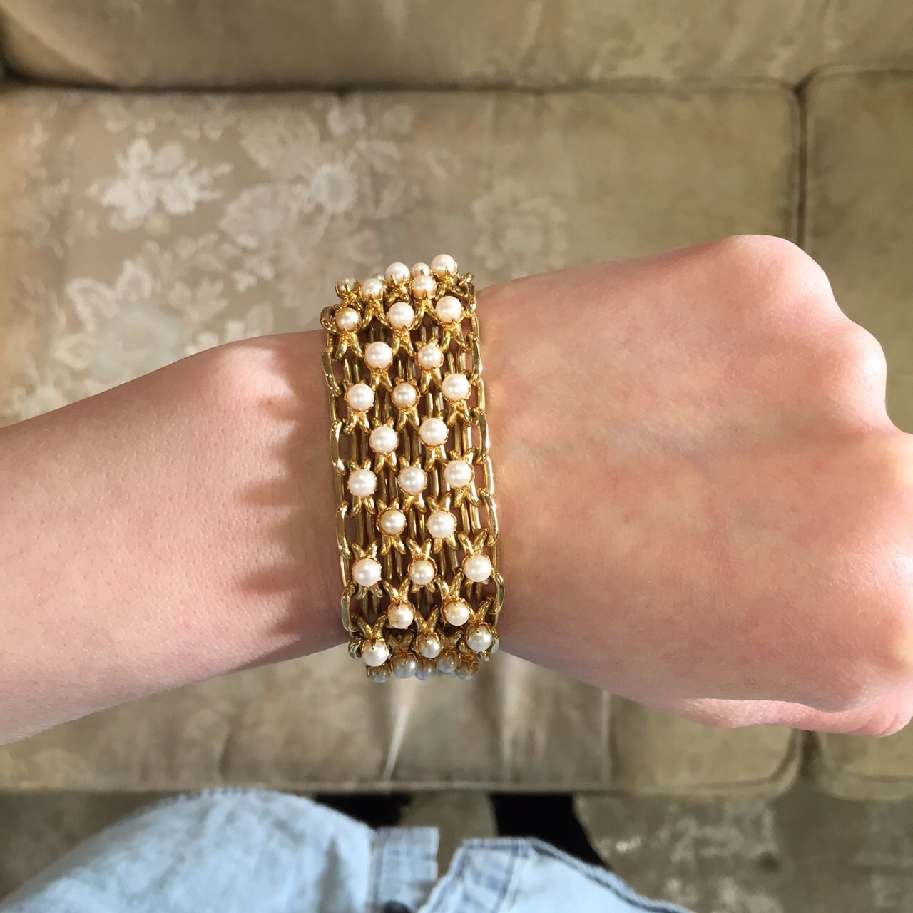 Vintage costume gold and pearl bracelet by UniqueVintageChicago