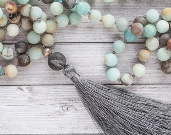 Amazonite tassel necklace / Long earth tassel necklace / Hand knotted Amazonite beads with agate and grey tassel