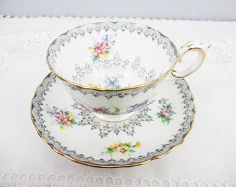 Crown Staffordshire Grey Filigree and Floral Designed Bone China Teacup and Saucer