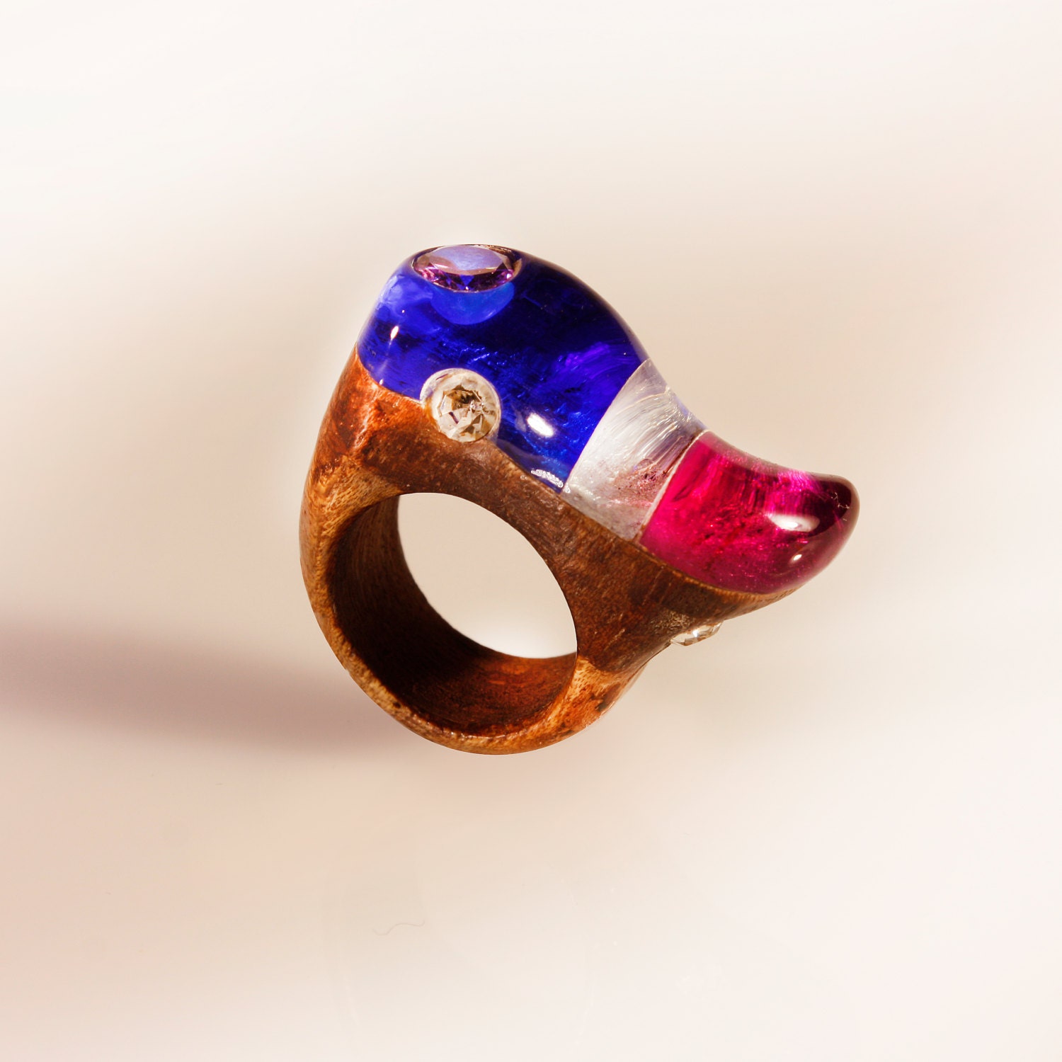 colored jewel color wave wood and rhinestone resin ring