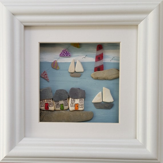 Cornish Harbour Scene Cornwall Sea Glass Art. Pebble Art