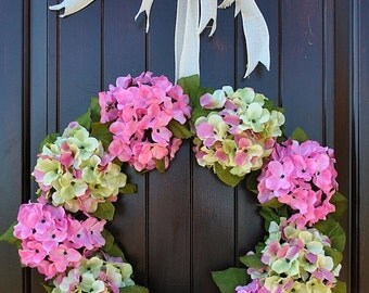 Hydrangea wreath~pink hydrangea~spring hydrangea~spring wreath~summer wreath~year round wreath~french hydrangea wreath~wreaths for door