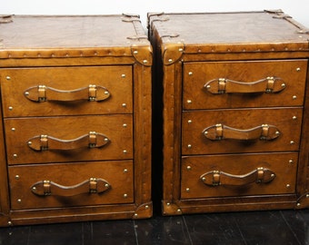 Pair of Handmade Leather 3 Draw Trunks