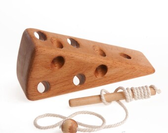 Wooden lacing toy "For cheese-lovers” Montessori Learning toy Fine Motor Skills Educational Wooden Toy Handmade Wood Toys for Kids