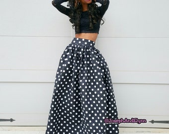Black with White Polka Dot Maxi Skirt (XS - 6XL)
