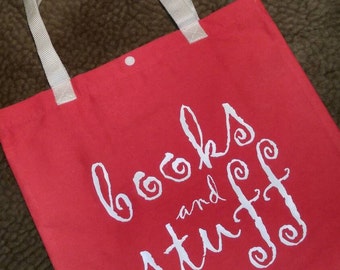 Books and Stuff tote bag, Library bag, basic tote, farmers market, library tote, book tote