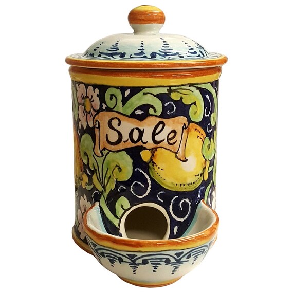 Italian Ceramic Jar Salt Holder Hand Painted Made in ITALY