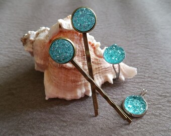 Cabochon jewellery, faux druzy, druzy jewellery set, druzy hair pins, druzy ring, druzy pendant, druzy set, druzy jewelry, color coordinated