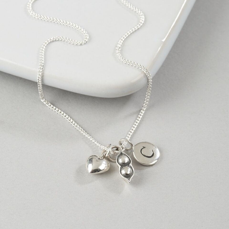 Love And Peas Personalised Necklace-Silver Two Peas in a Pod-Silver Heart and Initial Charm Necklace-Silver Charm Necklace