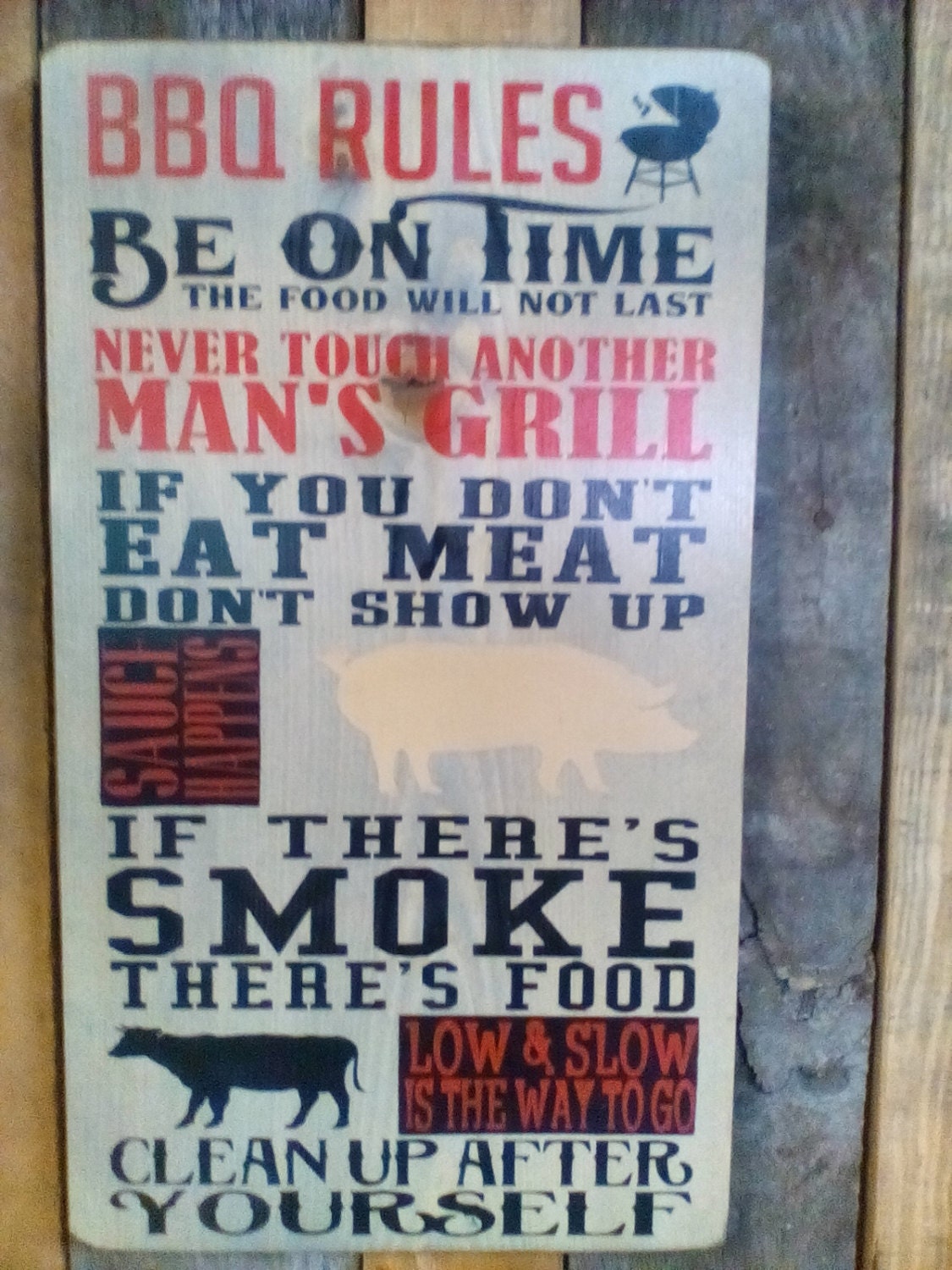 BBQ Rules Solid Wood Sign Large by ConderosaPrimitives on Etsy