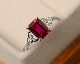Lab ruby ring, rectangle ring, July birthstone ring, red ruby ring, rectangle ring
