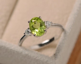 Natural peridot ring silver, oval gemstone, August birthstone