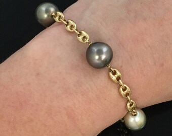 Fine Estate Tahitian Black Pearl 14K Gold Puffy Gucci Bracelet - 11MM 12MM Black Pearls 8" Solid Gold Bracelet BRA3535