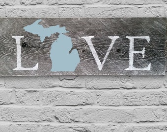 Hand Painted Barn Wood "Love Michigan" Sign